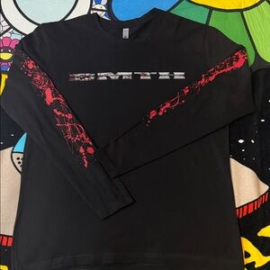Next Level Apparel Black Long Sleeve Tee with Red Sleeve Splatter